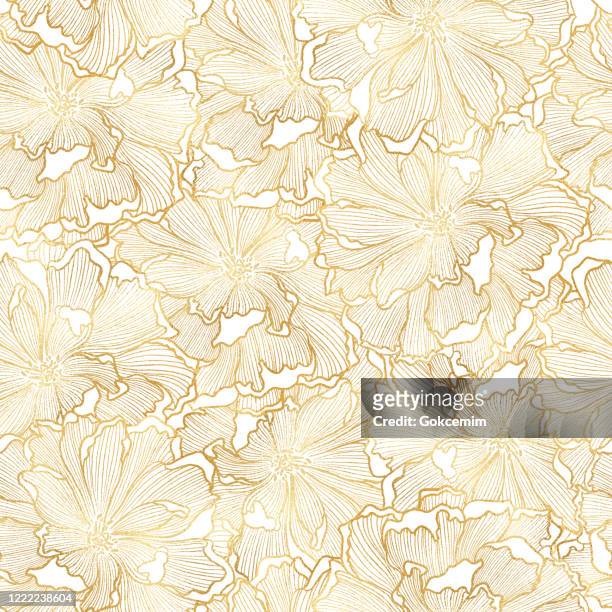hand drawn gold foil peony flower seamless pattern background. elegant design element for greeting cards (birthday, valentine's day), wedding and engagement invitation card template. - floral pattern stock illustrations