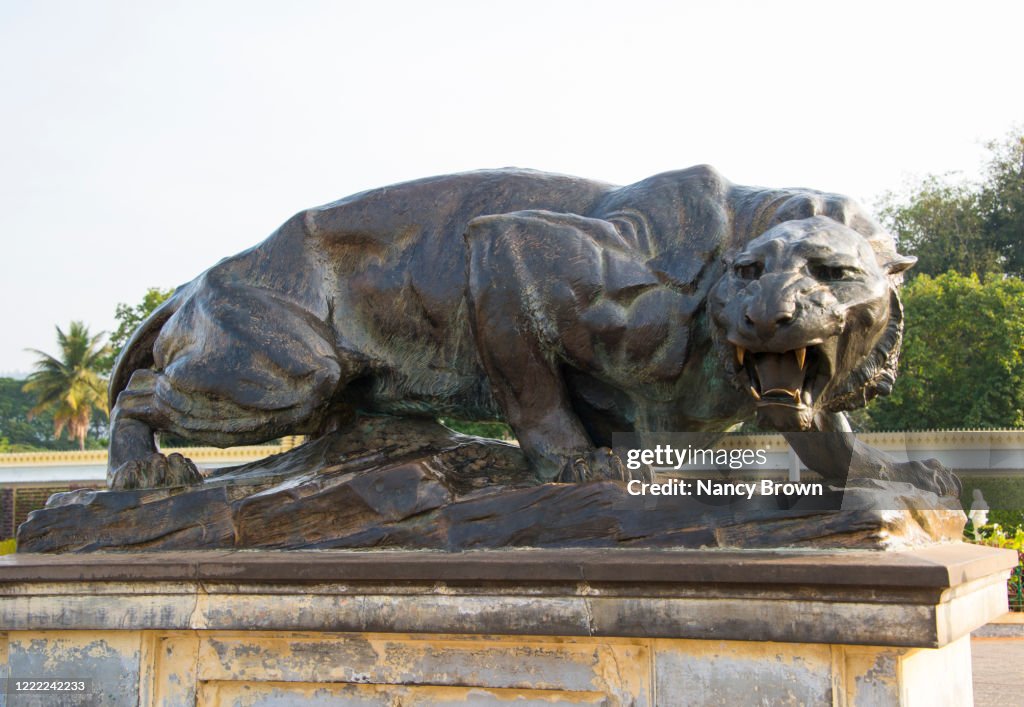 A Fierce Bronze Tiger Statue in the Mysore Palace in India.