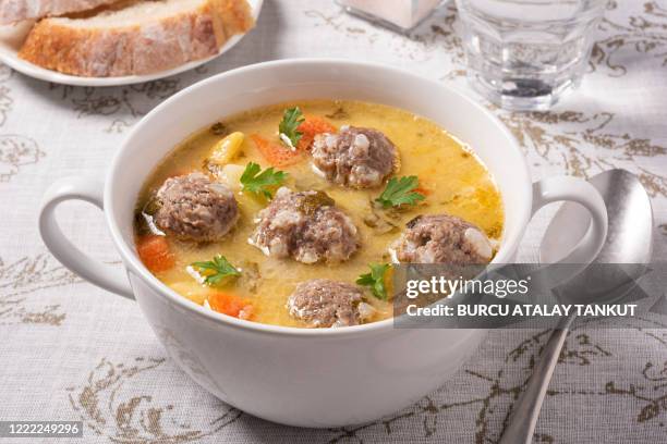 homemade meatball soup - meatball soup stock pictures, royalty-free photos & images