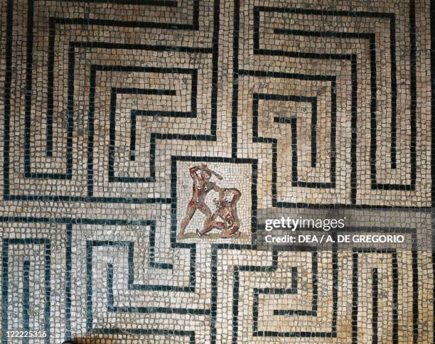 Roman civilization, 1st century b.C. Floor mosaic depicting the fight between Theseus and the Minotaur in the Labyrinth.