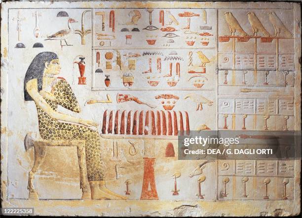 Egypt, Slab stela of Nefer-t-Ab-t depicting the Princess Nefertiabet at her funeral feast, fourth dynasty, from the western necropolis of Giza,...