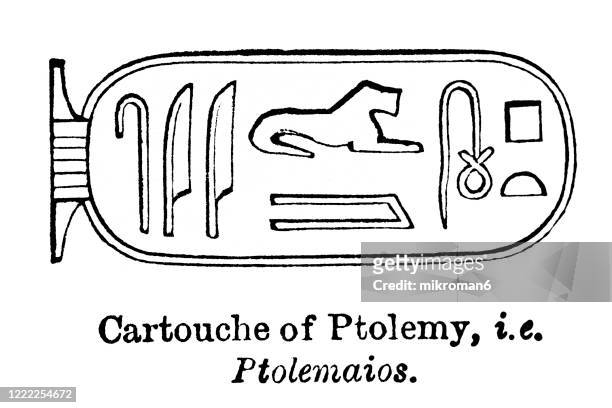 old engraved illustration - cartouche of ptolemaios, popular encyclopedia published 1894 - cartouche foto e immagini stock