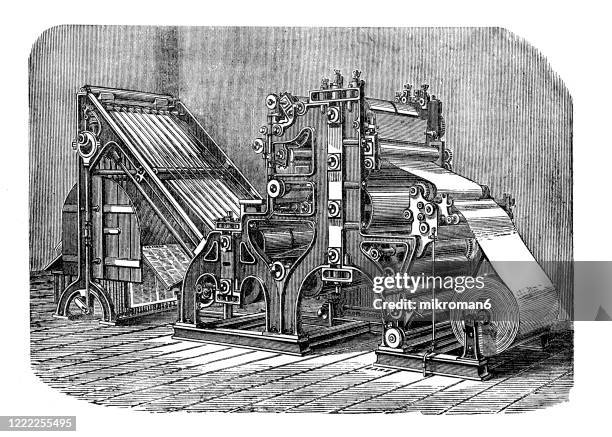 old engraved illustration - printing press, popular encyclopedia published 1894 - printing machine stock pictures, royalty-free photos & images
