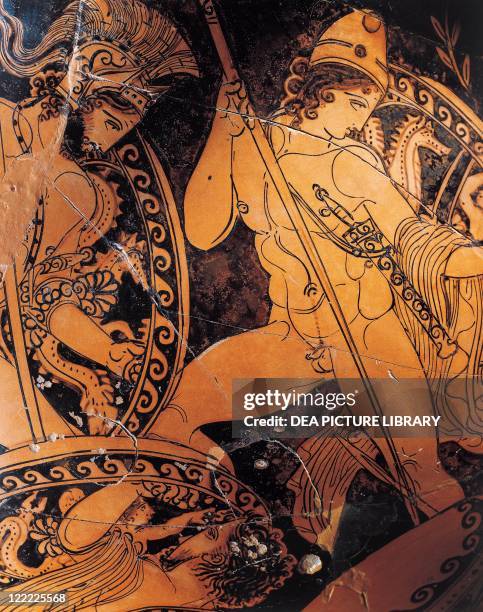 Greek civilization, 5th century b.C. Red-figure pottery. Attic pelike by the School of the Pronomos Painter depicting Poseidon, Ares and Hermes...