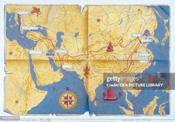 Children's literature - Marco Polo , The Travels of Marco Polo . Map with the route of the journey. Drawing.