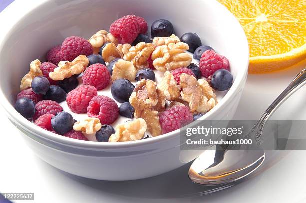 greek yogurt with berries and nuts - greek yogurt stock pictures, royalty-free photos & images