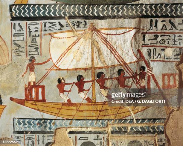 Egypt - Ancient Thebes . Shaykh 'Abd al-Qurnah . Tomb of Senneferi . Boat on river Nile, mural painting.