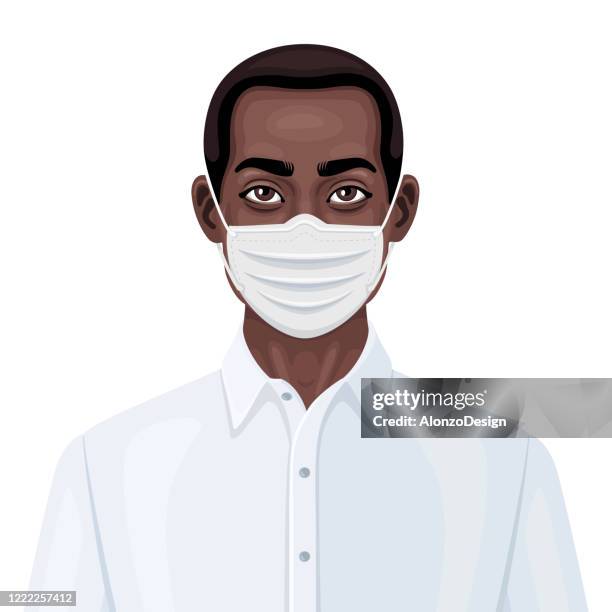 african-american man wearing a protective face mask to prevent virus infection. - surgical mask stock illustrations