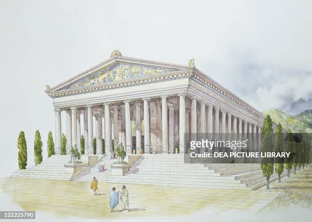 Archaeology - Asia Minor. Ephesus. Reconstructed Temple of Artemis 'Artemiseum'. Colour illustration.