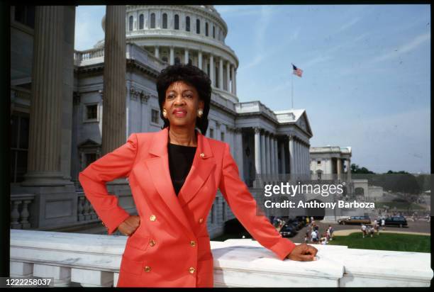 Portrait of American Congresswoman Maxine Waters as she poses outside the US Capitol Building, Washington DC, 1990s.