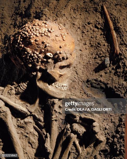 Prehistory, Upper Paleolithic. Italy, Liguria Region - Caves of the Balzi Rossi. Cave of the Caviglione. Cro-Magnon type skeleton detail. Skull with...