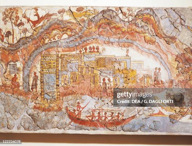 Greek civilization, 16th century b.C. Fresco depicting a ship procession. From Akrotiri, Thera Island, Santorini, Greece. Detail, a coastal town.