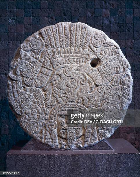 Aztec civilization, Mexico, 15th century A.D. Aztec calendar stone, or Stone of the Sun. Its proper name is "Cuauhxicalli" , also a monument...