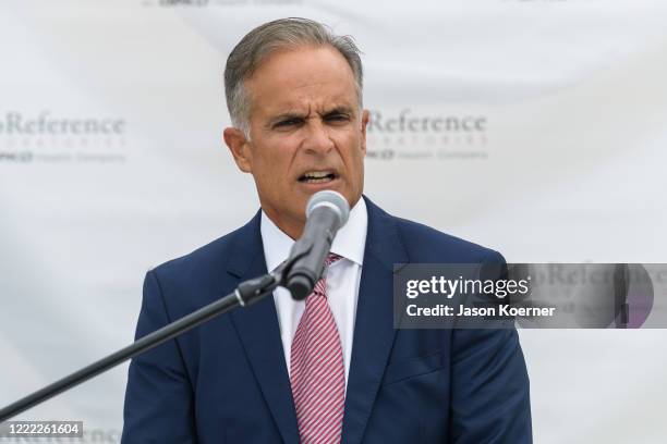 Carlos Acosta speaks during BioReference Laboratories hosts Grand Opening of COVID-19 Antibody Testing Collection Event at the Miami International...