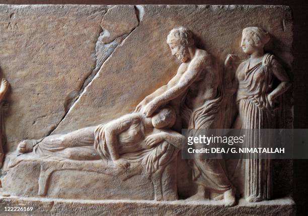 Greek civilization. Relief portraying Asclepius visiting a youth.