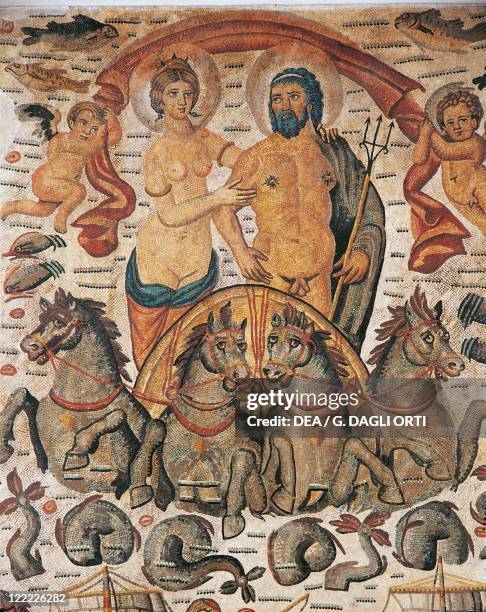 Roman civilization, 4th century A.D. Triumph of Neptune and Amphitrite. Mosaic from Constantine. Detail: Neptune and Amphitrite.