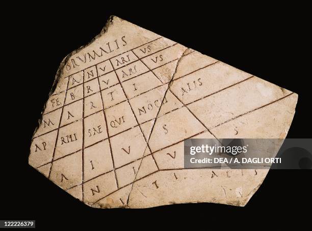 Roman civilization. Sundial of the months and partition of seasons according to hours, detail with hora brunalis, aequinoctialis solstitialis.