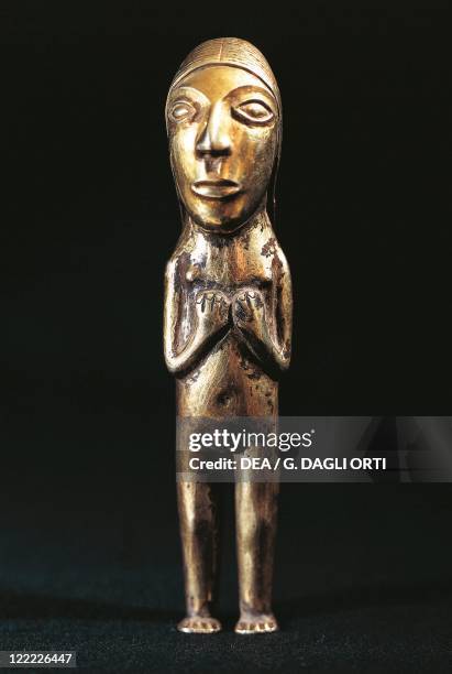 Inca civilization, 15th century. Goldsmith Art. Female figurine in smelted gold shaped by cire perdue .
