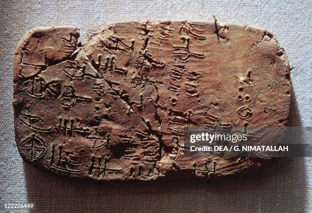 Minoan civilization, 18th-15th century b.C. Clay tablet with inscriptions in Linear A. 1770-1450 b.C. From Hagia Triada.