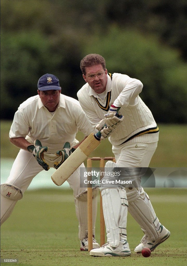 Nick Rieve Nick Reeve of Sky TV prepares to play his shot as wicket-keeper Clive ...