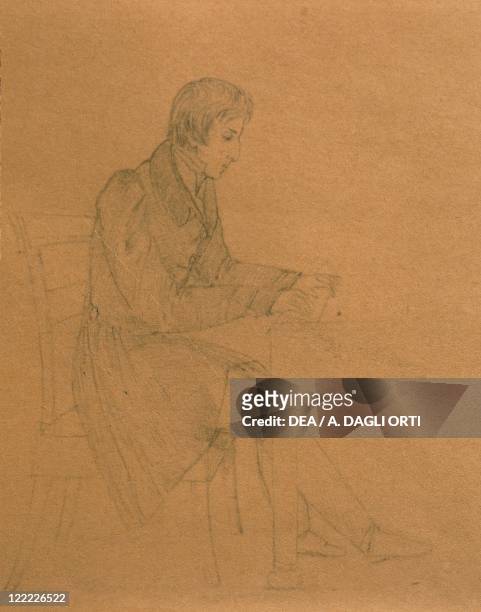Portrait of Frédéric François Chopin , Polish composer and pianist, at the piano. Pencil drawing by Eliza Radziwillowna.
