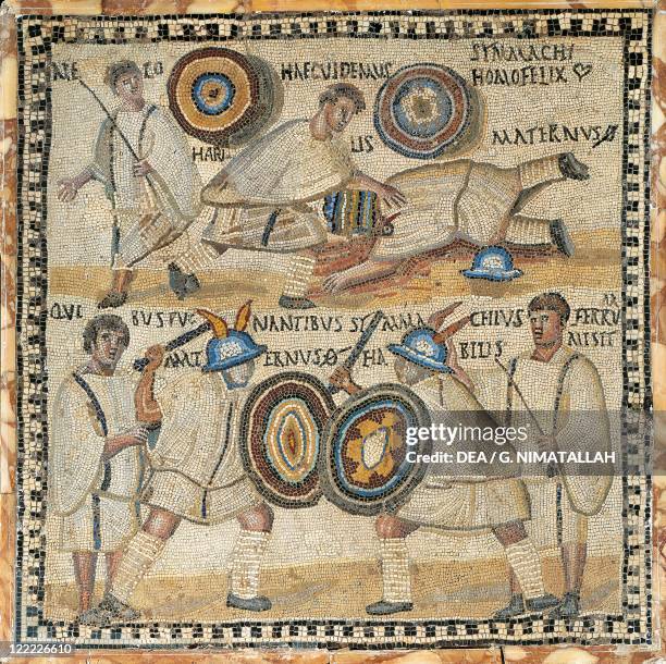 Italy, Rome, Mosaic work depicting gladiators and fightings.