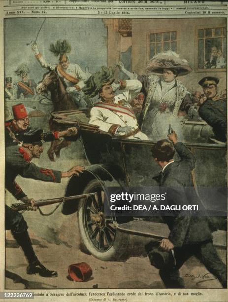 History, 20th century - Sarajevo, assassination of Archduke Franz Ferdinand of Austria, heir to the Austro-Hungarian throne. Cover illustration from...