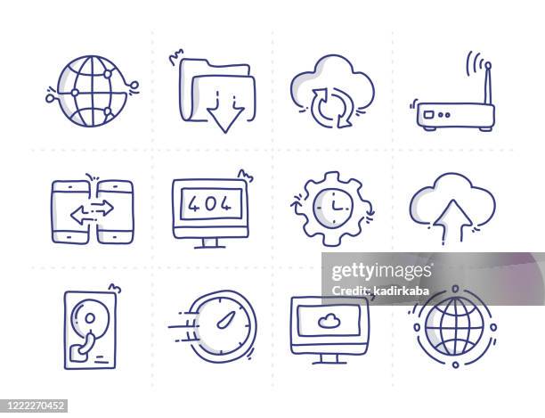 simple set of cloud data technology related doodle vector line icons - computer file stock illustrations