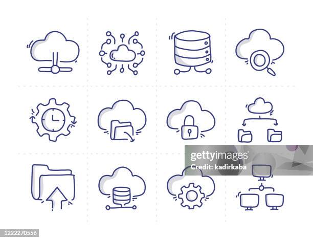 simple set of cloud data technology related doodle vector line icons - abstract network connection stock illustrations