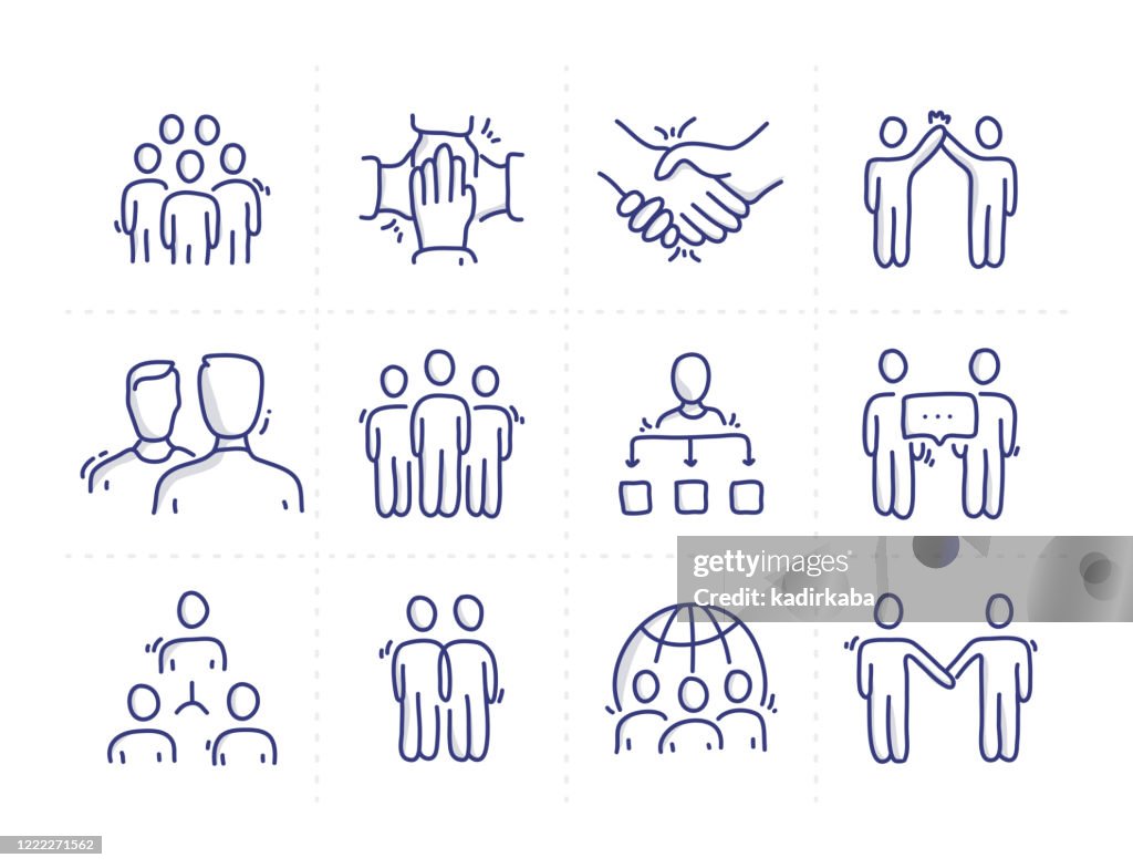 Simple ensemble de collaboration connexes Doodle Vector Line Icônes