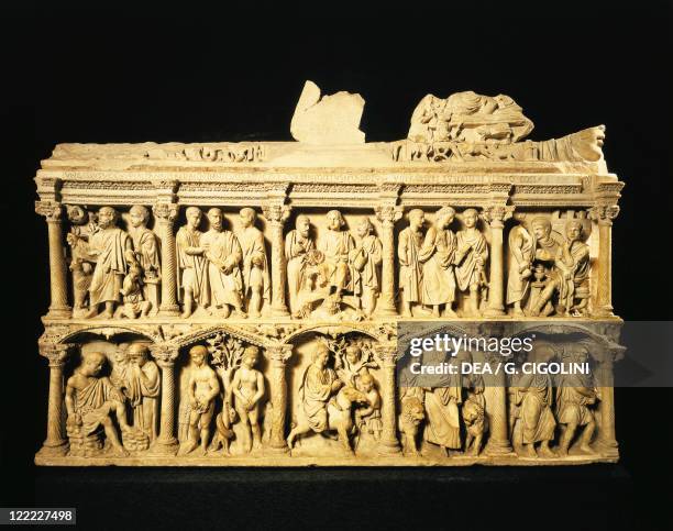 Roman civilization, IV century A.D. Sarcophagus of Junius Bassus, one of the oldest sacrophagus with Old and New Testament scenes.