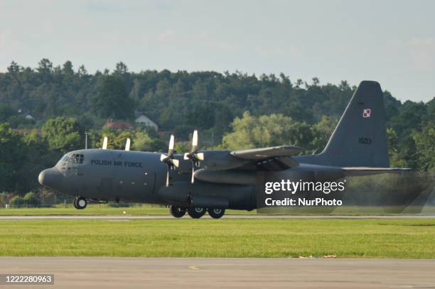 Lockheed C-130 Hercules military transport aircraft seen at Balice Military Base. On June 23 in Balice Military Airport, Krakow, Lesser Poland...