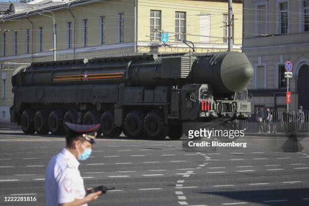 Vehicle transports a RS-24 Yars strategic nuclear missile along a street during the victory day parade in Moscow, Russia, on Wednesday, June 24,...