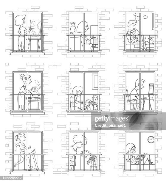 black and white, stay home. windows with people inside their houses - adult coloring stock illustrations