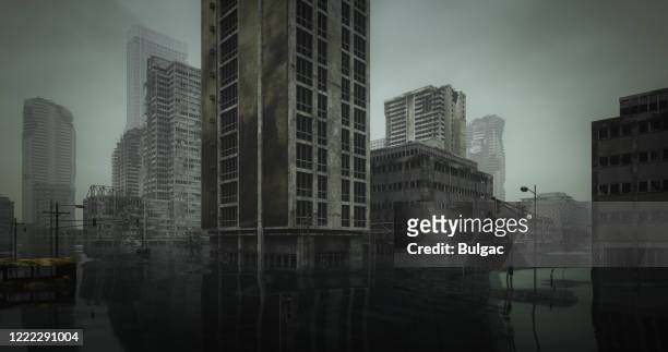 paesaggio urbano post apocalittico allagato - in rovina foto e immagini stock