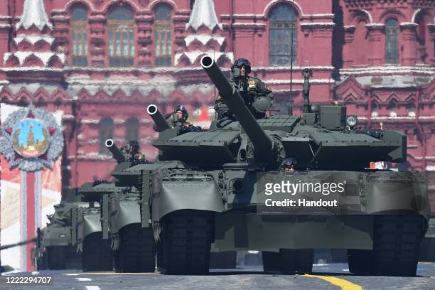 Main battle tanks during the Victory Day military parade in Red Square marking the 75th anniversary of the victory in World War II, on June 24, 2020...
