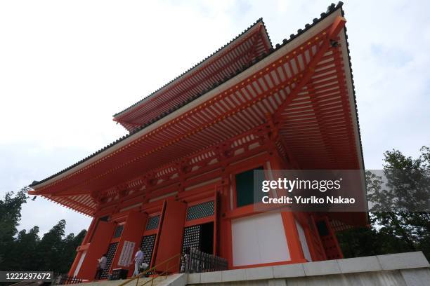 Konpon Daito pagoda stands in Danjo Garan, an ancient holy temple complex, on June 10, 2019 in Koya, Wakayama Prefecture, Japan. Koya-san or Mount...