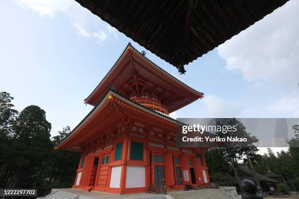 Konpon Daito pagoda stands in Danjo Garan, an ancient holy temple complex, on June 10, 2019 in Koya, Wakayama Prefecture, Japan. Koya-san or Mount...