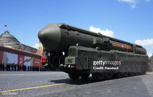 The Yars mobile intercontinental ballistic missile launcher during the Victory Day military parade in Red Square marking the 75th anniversary of the...