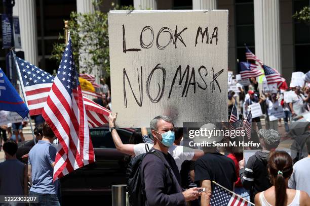 Activists hold signs and protest the California lockdown due to the coronavirus pandemic on May 01, 2020 in San Diego, California. The protesters...