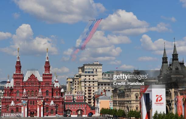 Sukhoi Su-25 close air support jets fly over Red Square during the Victory Day military parade marking the 75th anniversary of the victory in World...