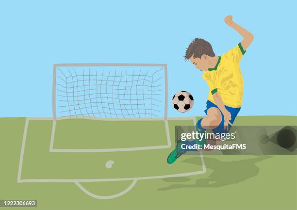 ilustraciones, imágenes clip art, dibujos animados e iconos de stock de niño jugando al fútbol - gol