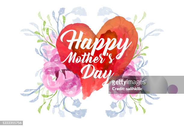 editable vector watercolor heart and flowers with happy mother's day text - mothers day stock illustrations