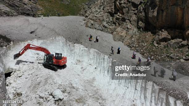 Drone photo shows an aerial view of a road as Van metropolitan municipality staff conducts road opening works with a excavator bucket on tableland...