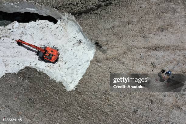 Drone photo shows an aerial view of Van metropolitan municipality staff have a launch break on a mass of snow during the road opening works with a...