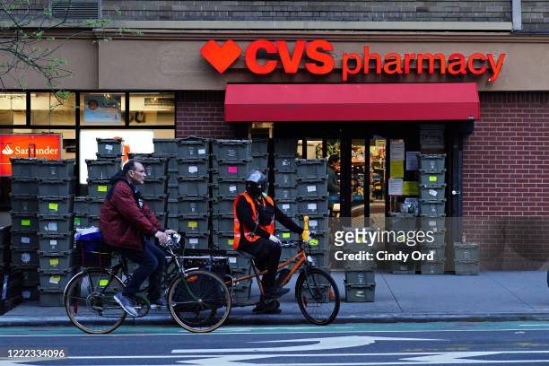 View of crates stacked up outside of CVS Pharmacy during the coronavirus pandemic on May 1, 2020 in New York City. COVID-19 has spread to most...