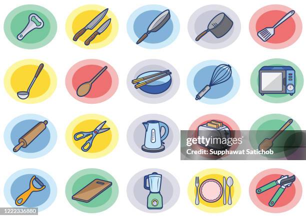 cooking color icons set - peeler stock illustrations