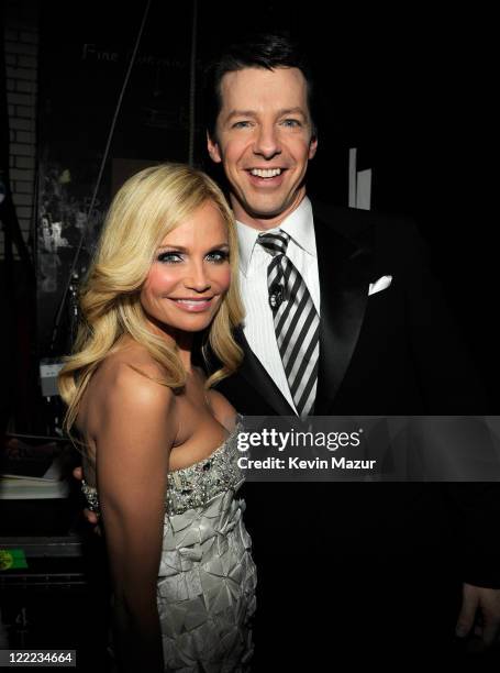 Sean Hayes and Kristen Chenoweth backstage at the 64th Annual Tony Awards at Radio City Music Hall on June 13, 2010 in New York City.