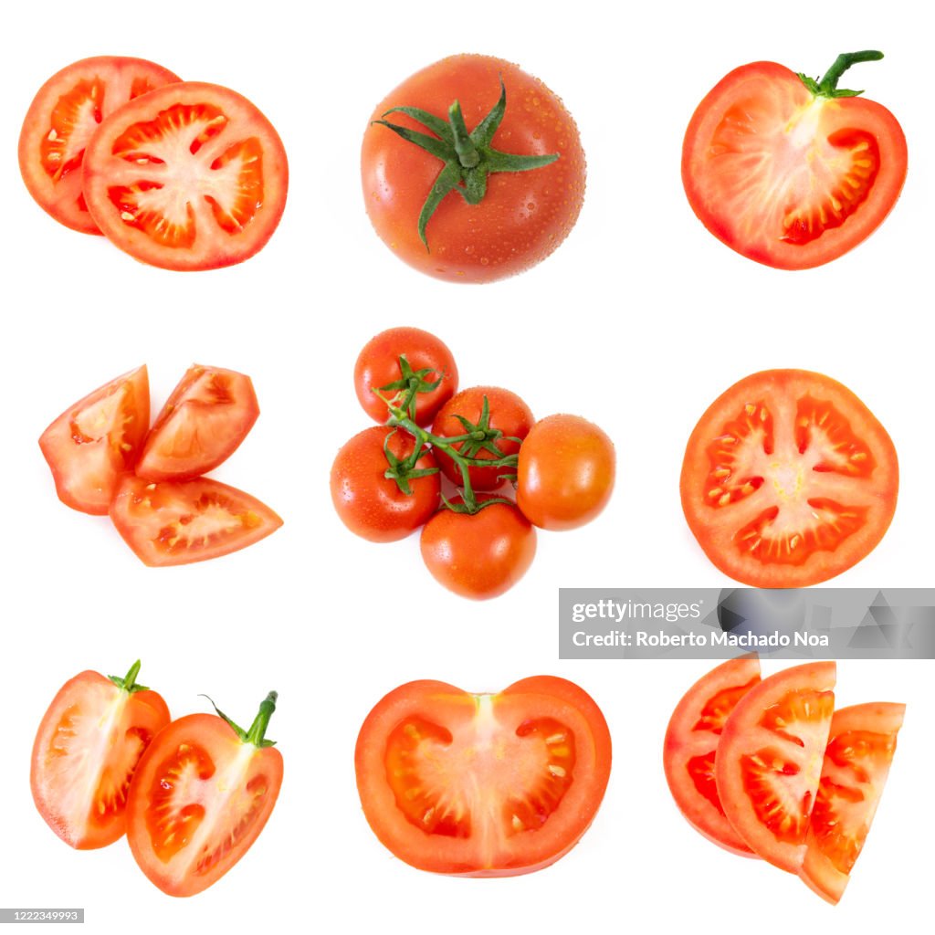 Tomato fruit from the bunch to slices, composite image