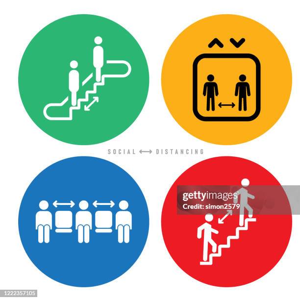 ilustraciones, imágenes clip art, dibujos animados e iconos de stock de icono de distanciamiento social - escalator